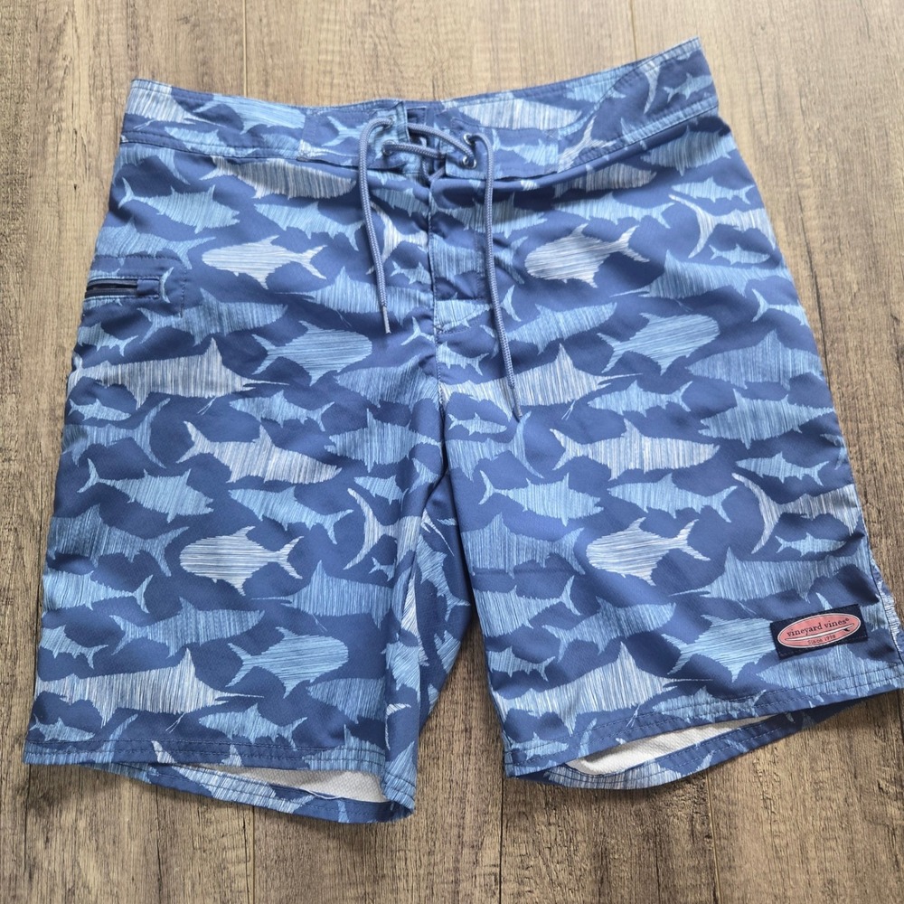 Vineyard Vines Mens Blue‎ Shark Print Board Shorts Swim Trunks Size 32